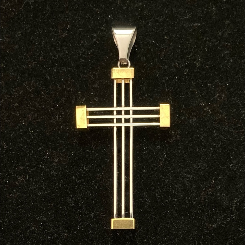 Large Stainless Steel 3-Bar Grid Cross Pendant